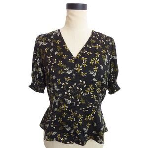 Banana Republic Black Floral V-Neck Puff Sleeve Blouse S Top